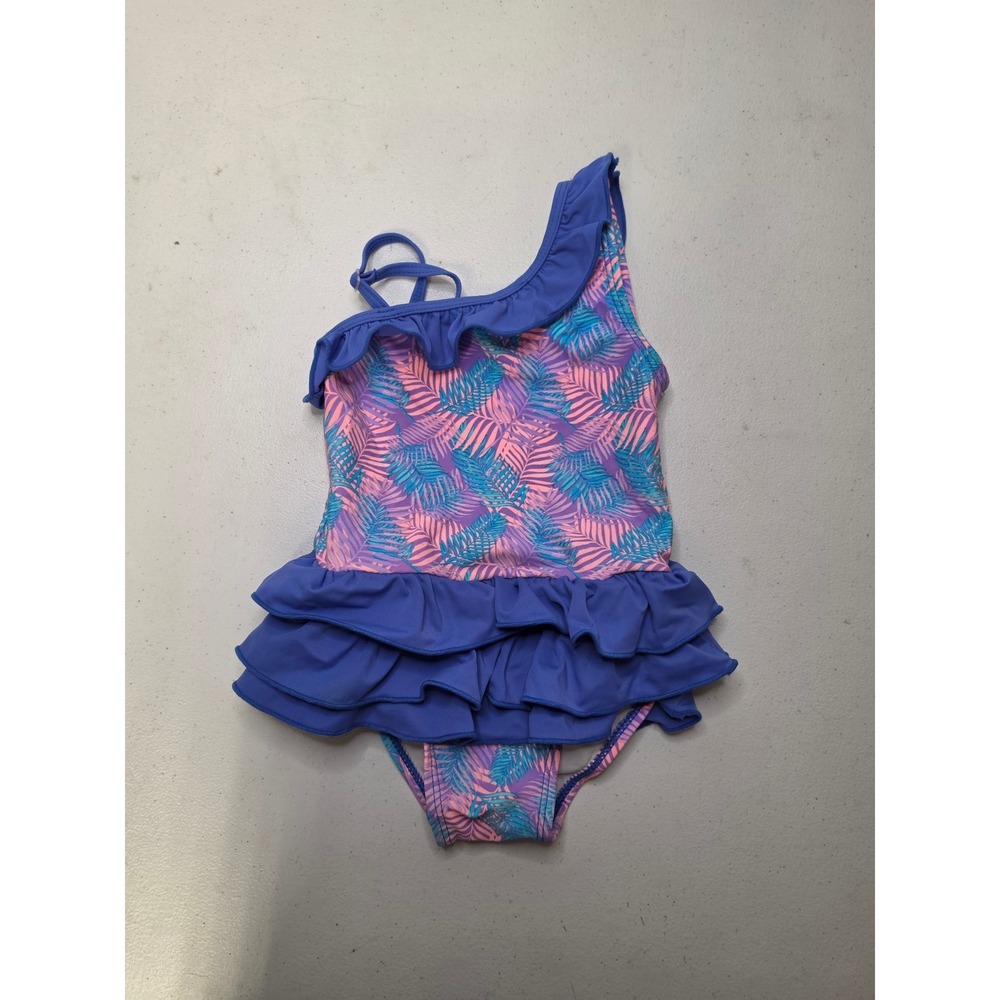 Heat Girls 2T Tropical Palm Leaf One Shoulder Ruffle Skirted Swimsuit Purple
